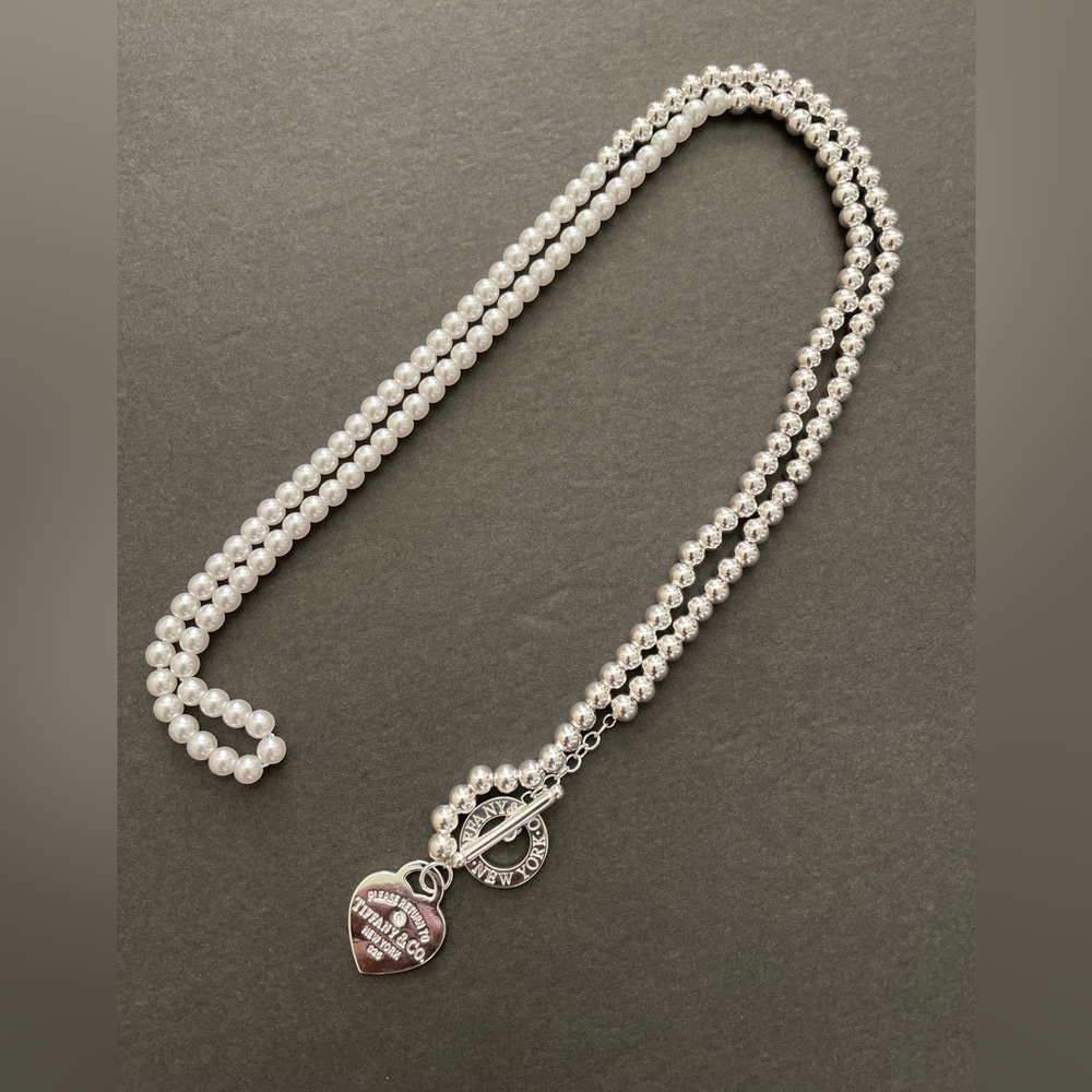 Tiffany Silver Heart Tag Wrap Necklace with Pearls REPLICA